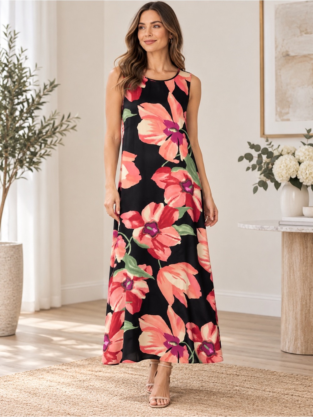 Talbots Pure Silk Floral Maxi Dress Black Pink Sleeveless Size 12